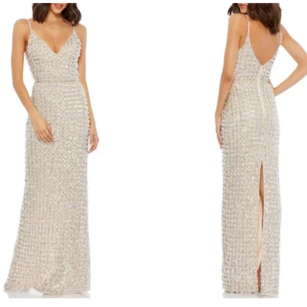 Mac Duggal Geometric Embellished Crystal Drop V-Neck Gown Silver Size 14 NWT